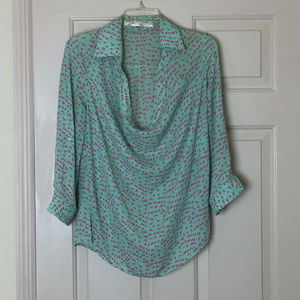 Green and Pink Draped Blouse with Bird Pattern